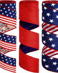 3 Rolls Red White and Blue Patriotic Ribbons Double Sided 4Th of July Ribbon 18 Yards Patriotic 2.5 Inch Burlap Wired Edge Ribbon Independence Day Decorative Ribbon for Bows Wreath Memorial