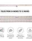 24-Inch Folding Ruler with Precision Marking & Grid Lines for Sewing, Quilting, Crafting & Patternmaking - Clear Metric Ruler - Zero-Centering, 15 Increment Quick Angle Ruler, Folds to 12”