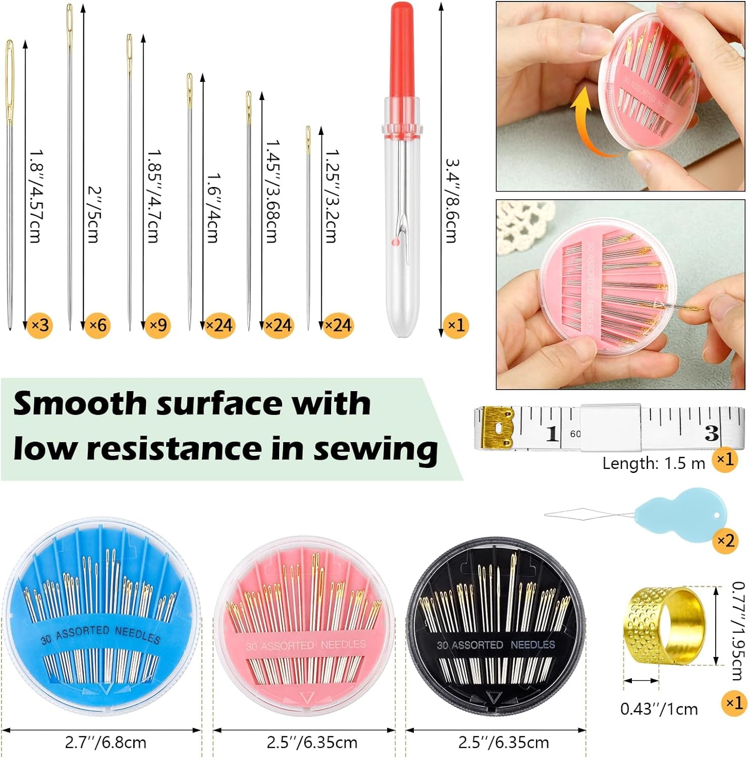 Premium Hand Sewing Needles Set,90-Count Assorted Embroidery Needles with Threaders,Thread Removal Knife, Thimble,Soft Tape Measure for Hand Sewing Repair