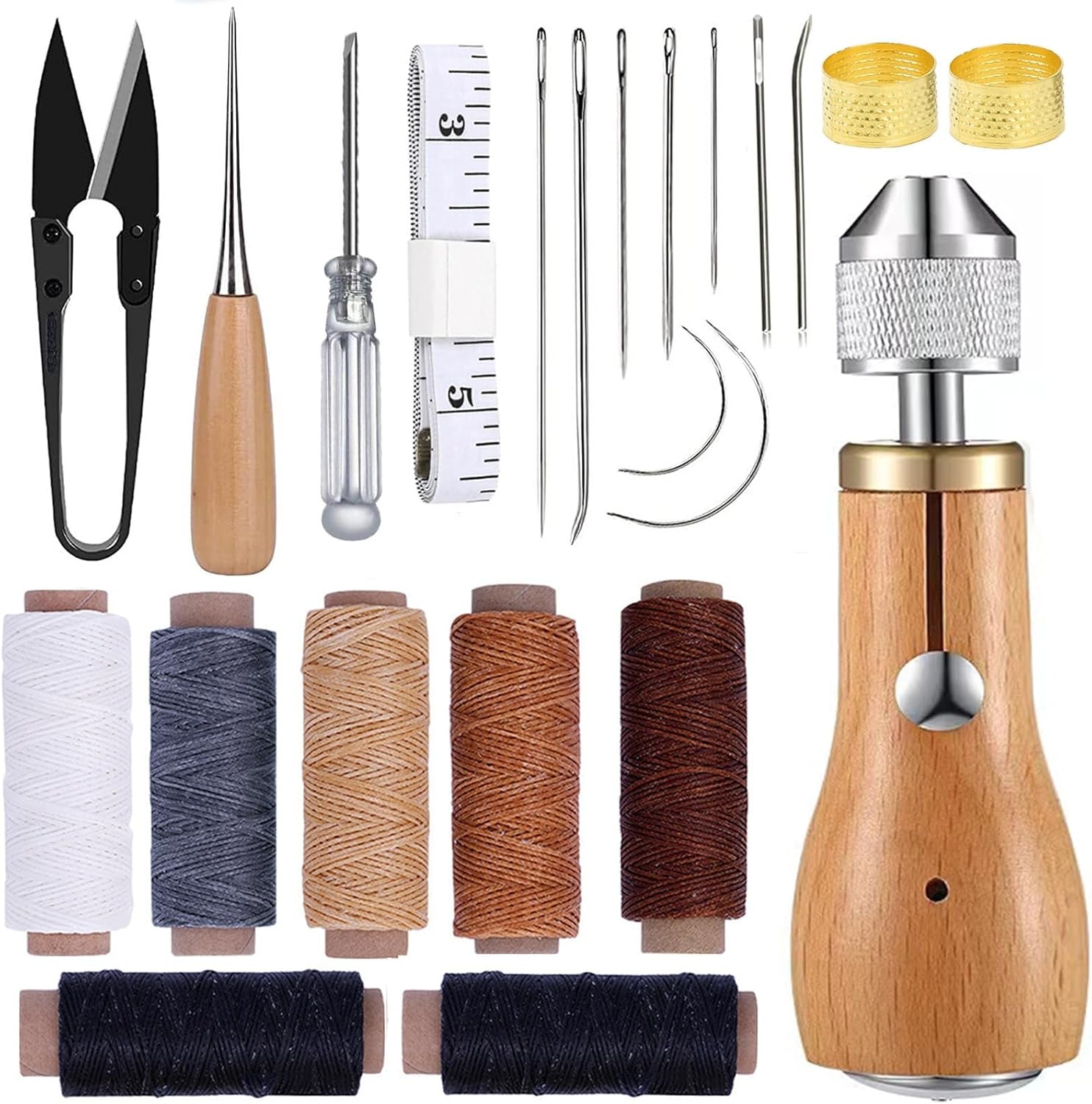 Professional Sewing Awl Kit, Portable Leather Sewing Awl Thread Kit with Straight Bent Needles Rolls Waxed Threads Small Screwdriver Yarn Scissors Needle Threader Tape Measure for DIY Craft
