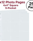 4X4 Photo Album Sleeves - Fits 12X12 3 Ring Album Binder (25 Pack), 12 X 12 Scrapbooking Pages with 9 Square Pockets, Picture Page Refill Hold 450 4 X 4 Prints, Archival Quality