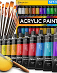 Complete Acrylic Paint Set – 24Х Rich Pigment Colors – 12X Art Brushes with Bonus Paint Art Knife & Sponge – for Painting Canvas, Clay, Ceramic & Crafts, Non-Toxic & Quick Dry – for Kids & Adults