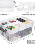 2 Pack 17 QT Plastic Storage Bins with Lids, Art Supply Storage Organizer with Removeable Tray, Clear Storage Box for Craft, Lego, Crayon, Sewing, Bead and Tool, Stackable Craft Organizer
