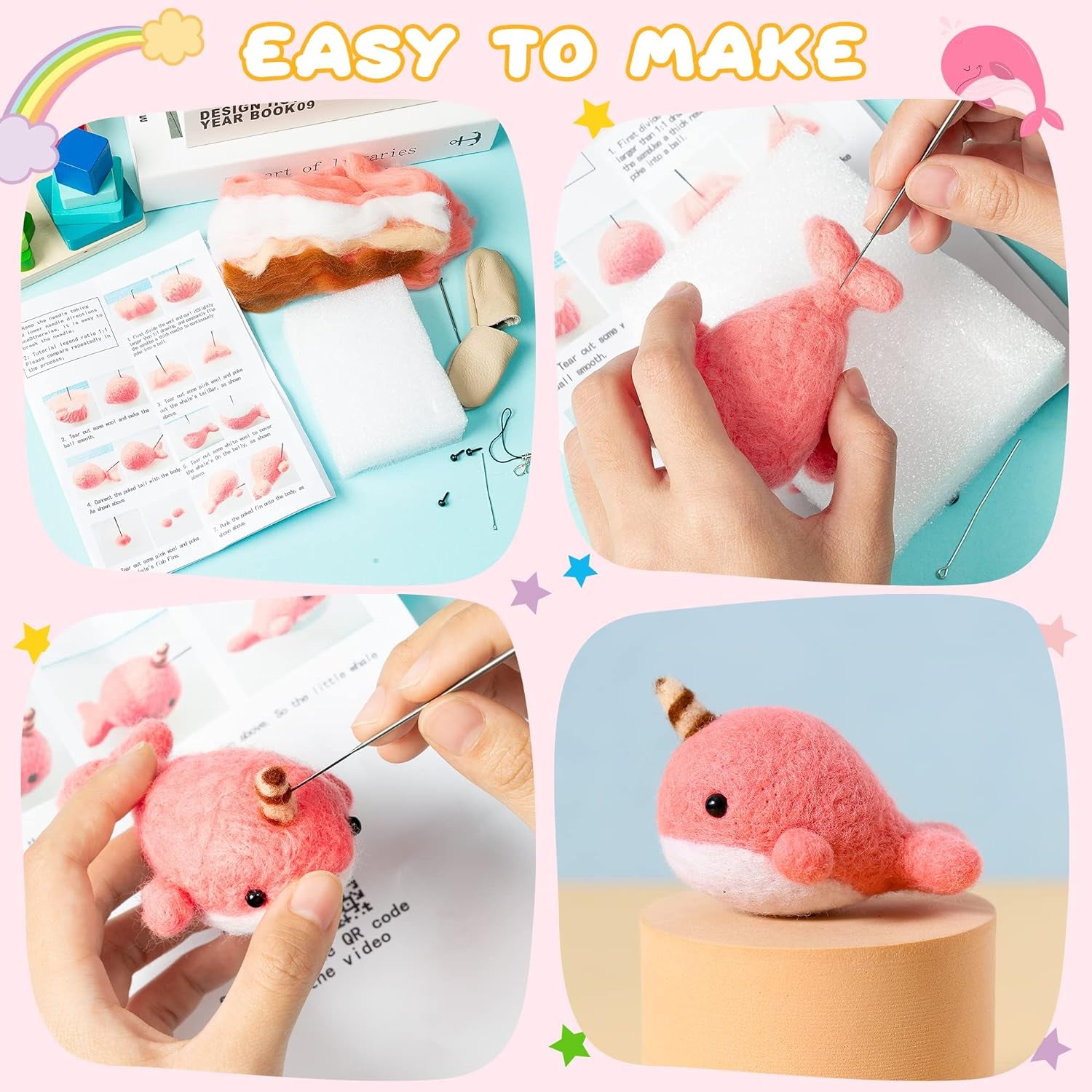 Set of 4 Cute Animal Needle Felting Starter Kit Frog Chick Bee Narwhal Animal Doll Wool Felting Tools Felt Needles Foam Mat DIY Needlework Craft Party Supplies for Beginners Adults Kids