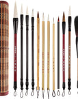 12 Pieces Chinese Calligraphy Brushes Painting Writing Brushes Watercolor Brushes Set Kanji Japanese Sumi Painting Drawing Brushes Kanji Art Brushes with Roll-Up Brush Holder