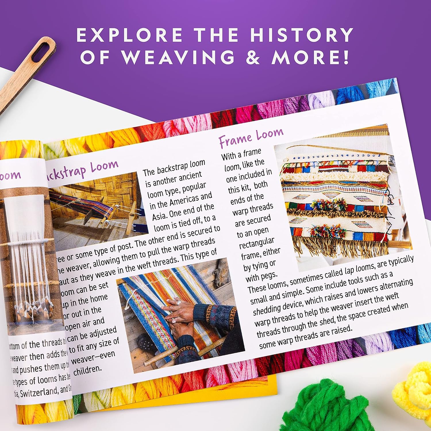 NATIONAL GEOGRAPHIC Wooden Arts and Crafts Loom Weaving Kit - Yarn and 3 Fun Designs for Easy Weaving, Child Weaving Set with Loom