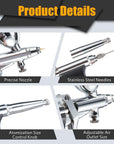 Airbrush Kit, Air Brush Painting Set, Double Action Trigger Airbrush Gun with 0.3Mm/0.5Mm/0.8Mm Needles, 2Cc/5Cc/13Cc Paint Cup, Airbrush Spray Tool Set for Painting Nails Cake Tattoo Makeup