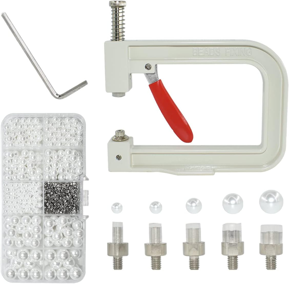 Pearl Handmade Setting Machine with 5 Sizes of round Pearl ABS Beads Rivet Studs and 900 Pcs Nailheads Spots Studs Kit for Hats Shoes Clothes Bags Skirts Beads DIY Accessories