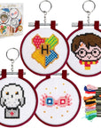 Harry Potter Stamped Cross Stitch 4 Pack, Embroidery Starter Kit for Beginners, Four Patterns, Fun & Easy Backpack Charms Craft Activity for Fans