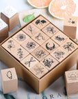 32 Pieces Wooden Rubber Stamp Set, Moon Star Botanical Decorative Wood Stamps for Journal, Diary, Scrapbook, Planner, Letter, DIY Craft, Card Making