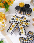 36 Yard Sunflower Wired Edge Ribbon 6 Roll 2.5 Inch Buffalo Plaids Flower Fabric Ribbon Spring Summer Floral Decorative Craft Ribbon for Gift Wrapping Decor Hair Bow Sewing Wreath Crafts