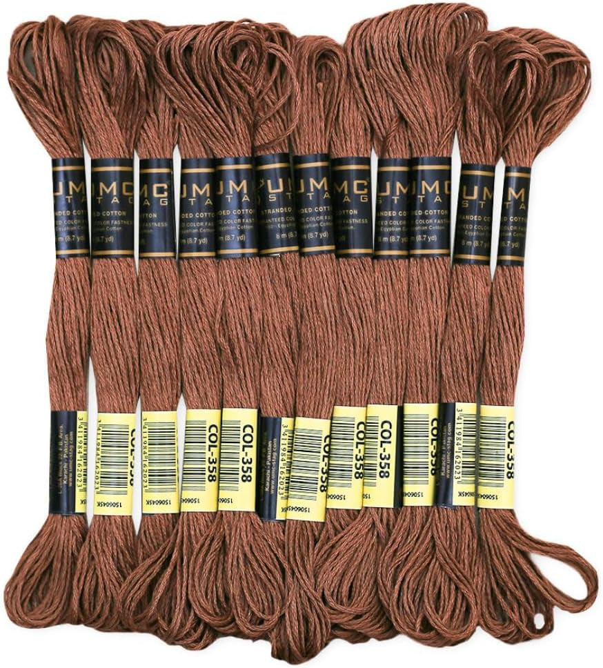 Pack of 12 Premium Embroidery Thread | 100% Egyptian Cotton Premium Skeins | Cross Stitch Embroidery Floss | Oeko TEX Certified Stranded Cotton | (Medium Brown 358)
