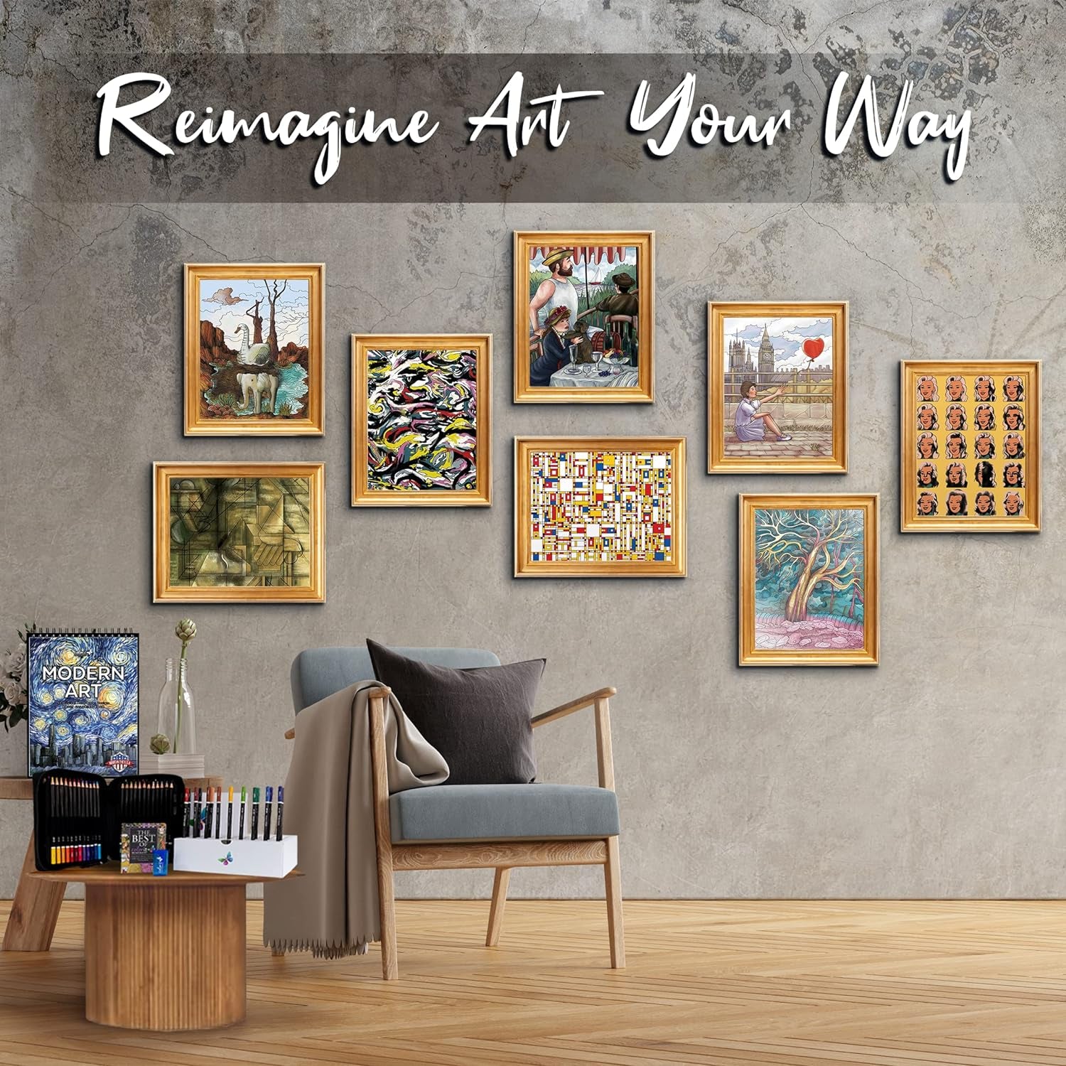 Modern Art Adult Coloring Book for Stress Relief, 50 Drawings Inspired by Famous Paintings, Smooth and Thick Paper, Spiral Binding, USA Printed, Lay Flat Hardback Book Cover, Ink Blotter Paper