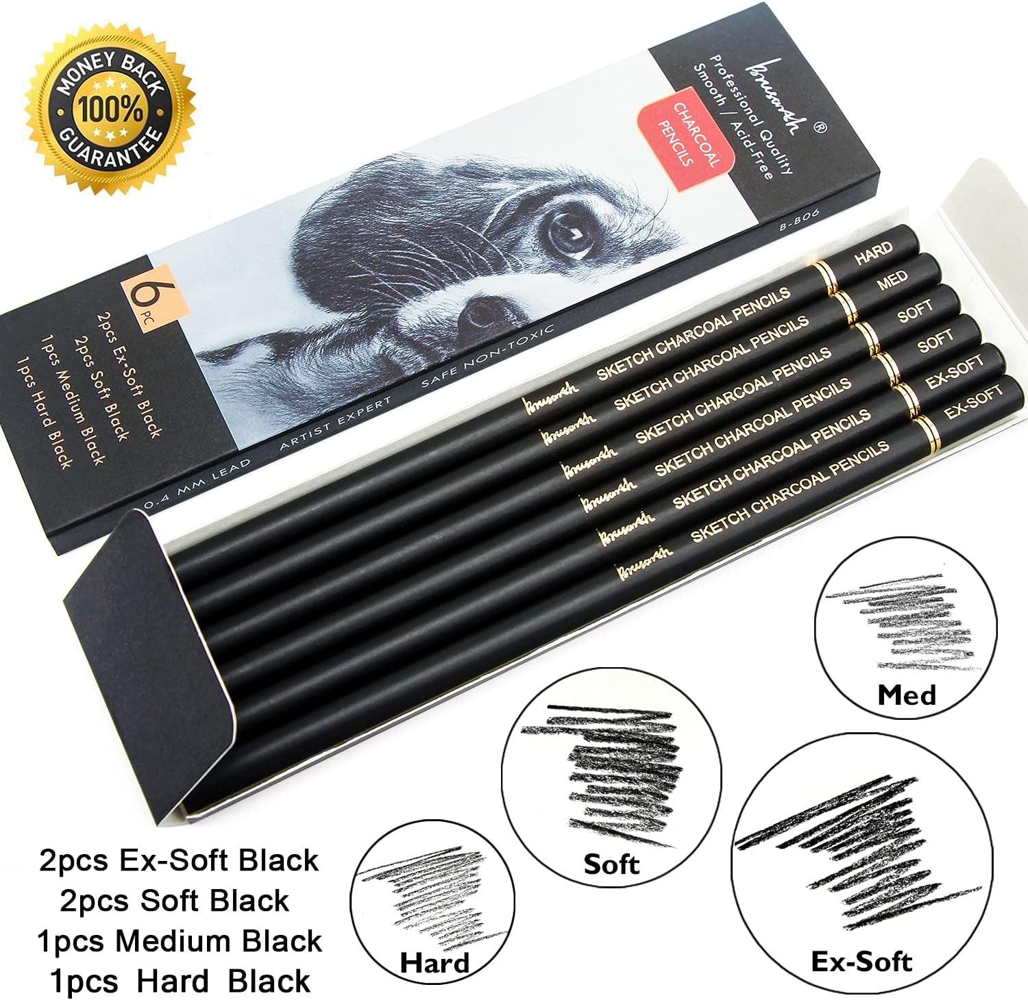 Professional Charcoal Pencils Drawing Set - 6 Pieces Soft Medium and Hard Charcoal Pencils for Drawing, Sketching, Shading