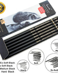 Professional Charcoal Pencils Drawing Set - 6 Pieces Soft Medium and Hard Charcoal Pencils for Drawing, Sketching, Shading