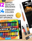 Complete Acrylic Paint Set – 24Х Rich Pigment Colors – 12X Art Brushes with Bonus Paint Art Knife & Sponge – for Painting Canvas, Clay, Ceramic & Crafts, Non-Toxic & Quick Dry – for Kids & Adults