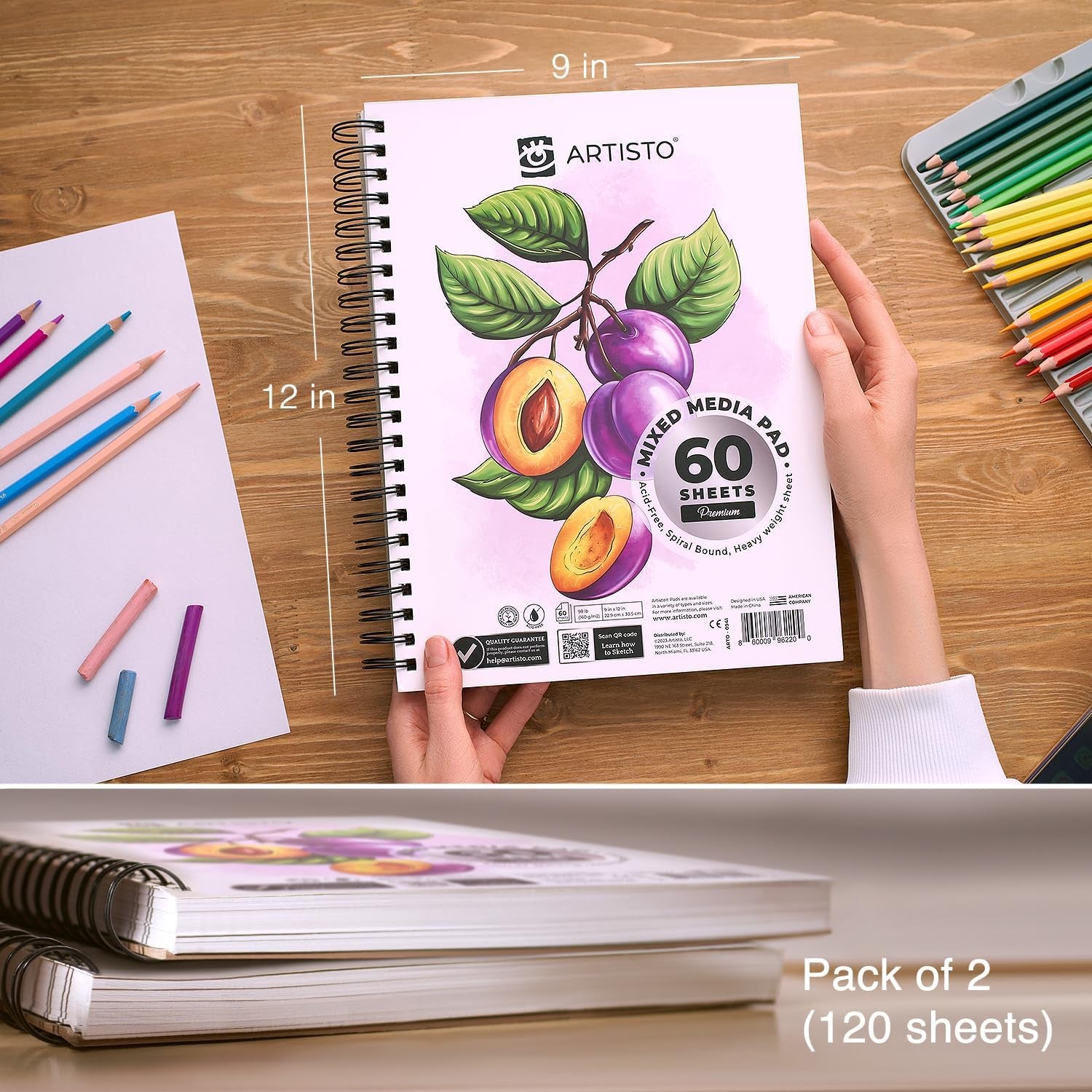 Premium Mixed Media Sketchbooks: Pack of 2 (120 Sheets), 9X12 Inches, 160 GSM, Spiral Bound Sketch Pads, Suitable for a Variety of Wet and Dry Media, Ideal for All Artists