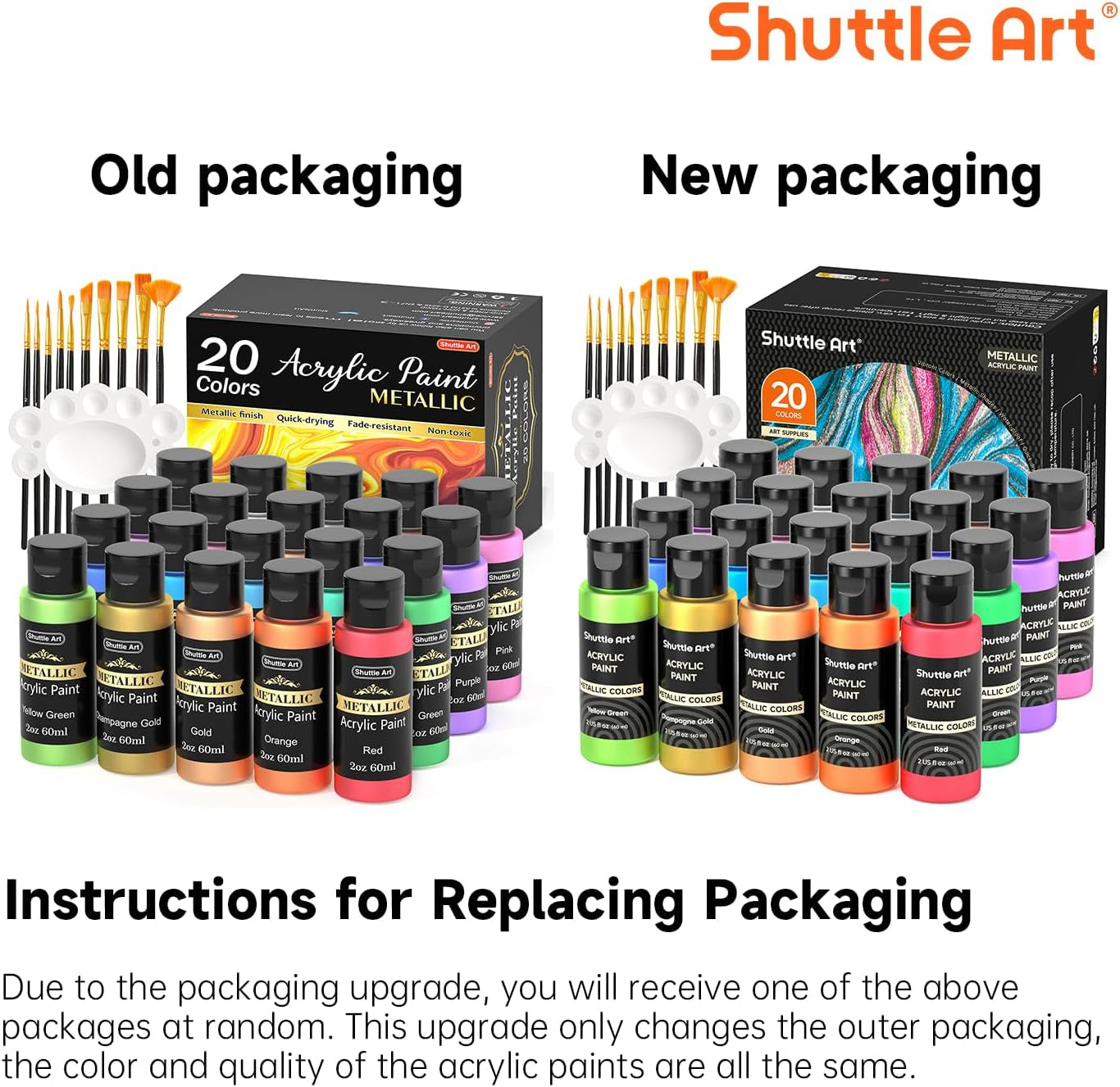 Metallic Acrylic Paint Set, 20 Colors Metallic Paint in Bottles (60Ml, 2Oz) with 10 Brushes and 1 Palette, Rich Pigments, Non-Toxic for Artists, Beginners on Rocks Crafts Canvaswood Fabric