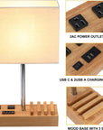 Desk Lamp with 3 USB Charging Ports, Table Lamp with 2AC Outlets and 3 Phone Stands, Nightstand Bedside Lamp with Natural Wooden Base and Cream Linen Shade