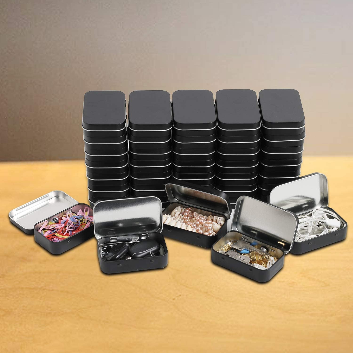 Metal Rectangular Hinged Tins - Pack of 40 Matte Black Mini Portable Box Containers Small Empty Storage Tins with Lids Home Organizer Kit for Storage Drawing Pin Jewelry Crafts