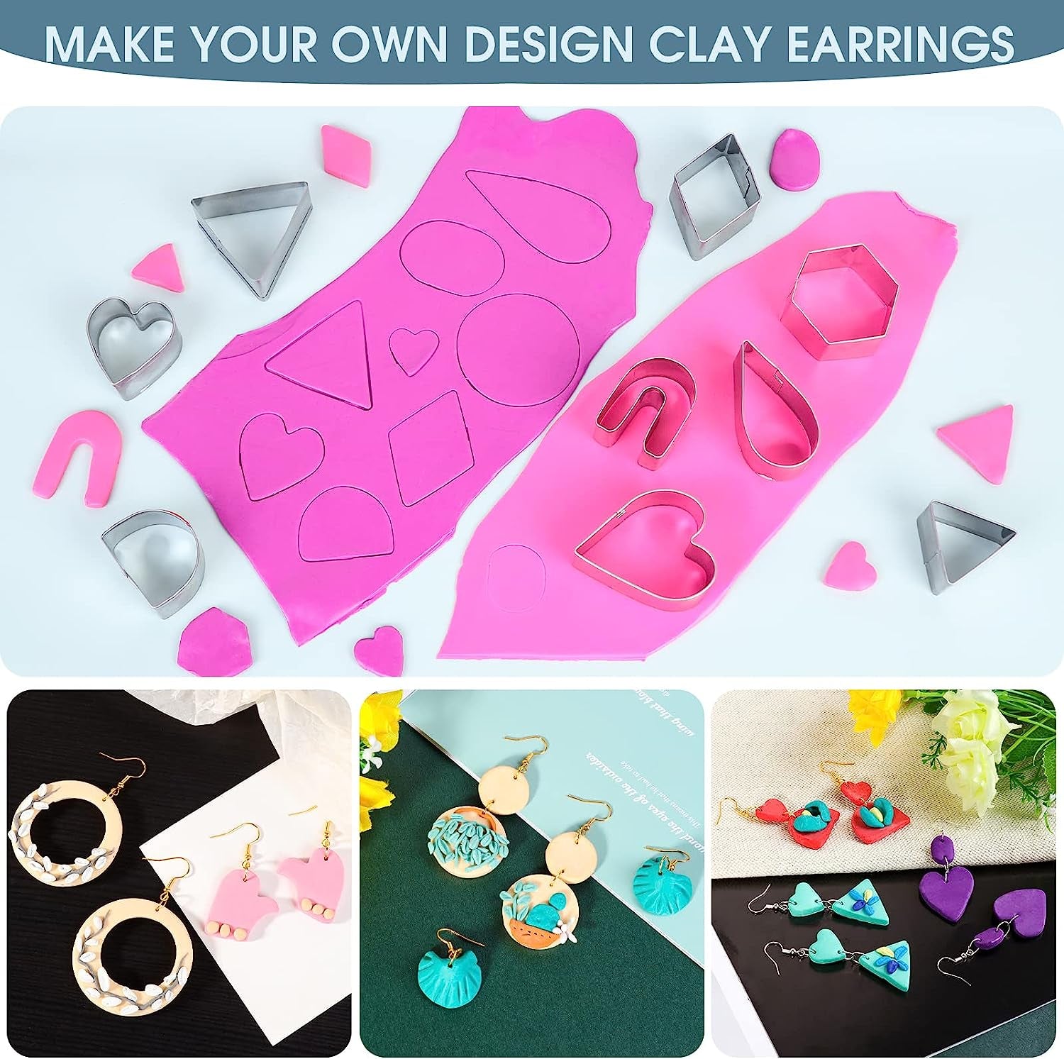 Polymer Clay Earrings Making Kit with 32Pcs Polymer Clay Cutters, 24Pcs Oven Bake Clay, 30 Set Earring Rings&Hooks, Modeling Clay Jewelry Making Kit for Teen Girls