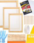24 Pieces Screen Printing Starter Kit Include 3 Different Size of Wood Silk Screen Printing Frame with Mesh, Screen Printing Squeegees, Scraper, Inkjet Transparency Film, Gloves, and Mask Tape