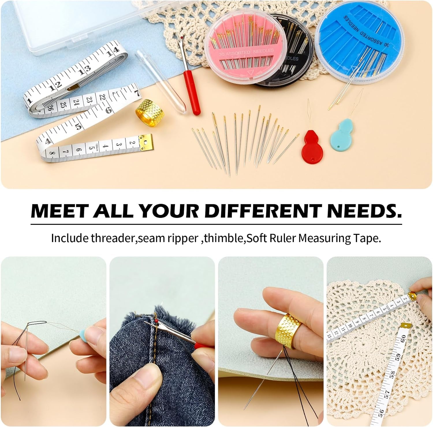 Premium Hand Sewing Needles Set,90-Count Assorted Embroidery Needles with Threaders,Thread Removal Knife, Thimble,Soft Tape Measure for Hand Sewing Repair