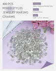 400 PCS Wholesale Bulk Lots Jewelry Making Charms Mixed Smooth Tibetan Silver Alloy Charms Pendants DIY for Bracelet Necklace Jewelry Making and Crafting