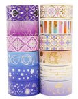 Galaxy Washi Tape Set Purple Stars Decorative Tapes Silver Gold Foil Masking for Arts, DIY Crafts, Journal Supplies, Planners, Scrapbook, Gift Wrapping (Purple Night 12 Rolls)