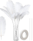 80 Pieces Ostrich Feathers Bulk Large Boho Feathers for Vase with 80 Pcs Iron Wire and 1 Tape, Long Feathers for Vase Flower Arrangement Wedding Party Centerpieces and Home Decorations (White)