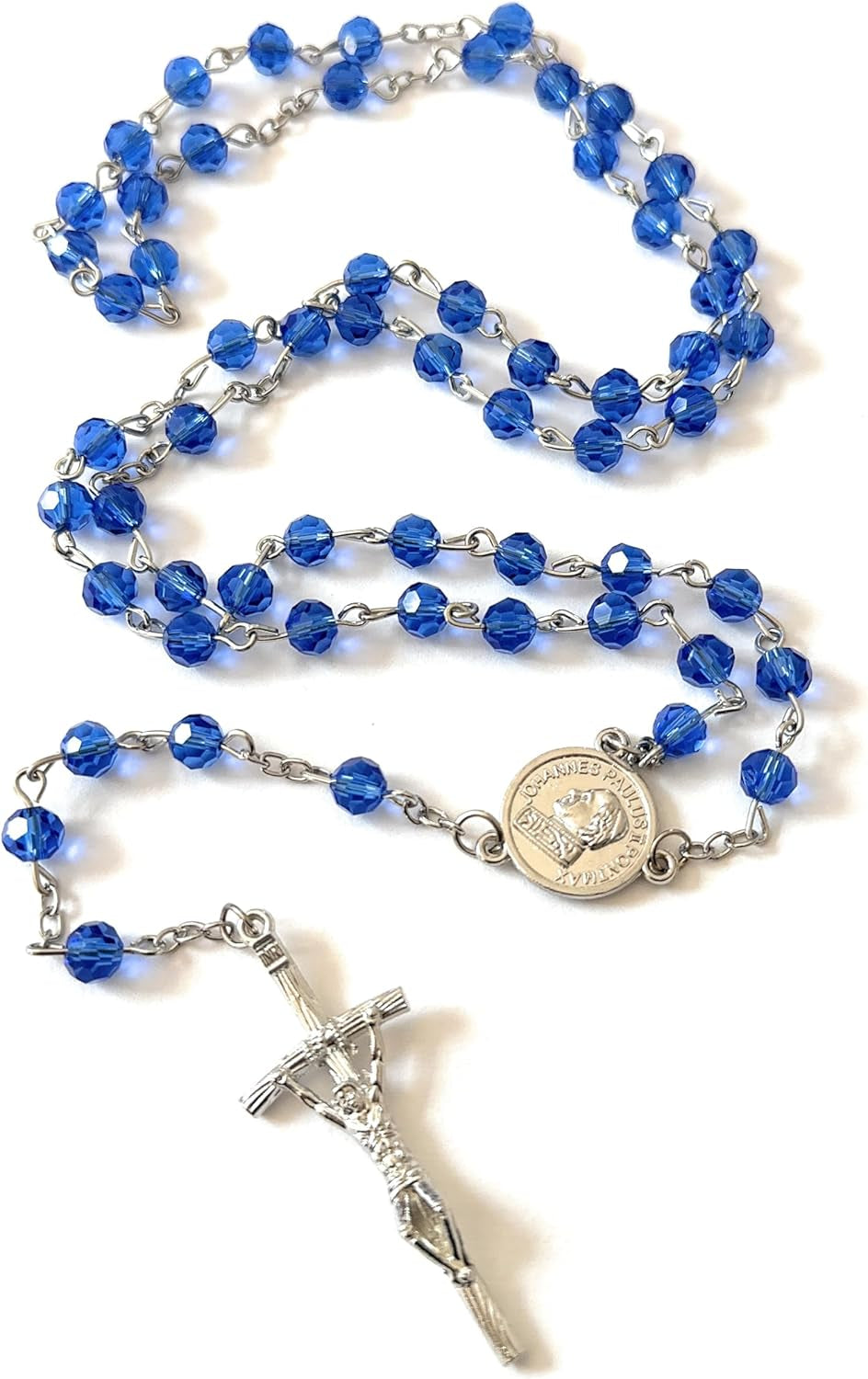 Made in Italy Blue Rosary Blessed by Pope Francis Vatican Rome Holy Father Crystal Glass Beads with Silver Toned Base Papal Cross Crucifix Blessing