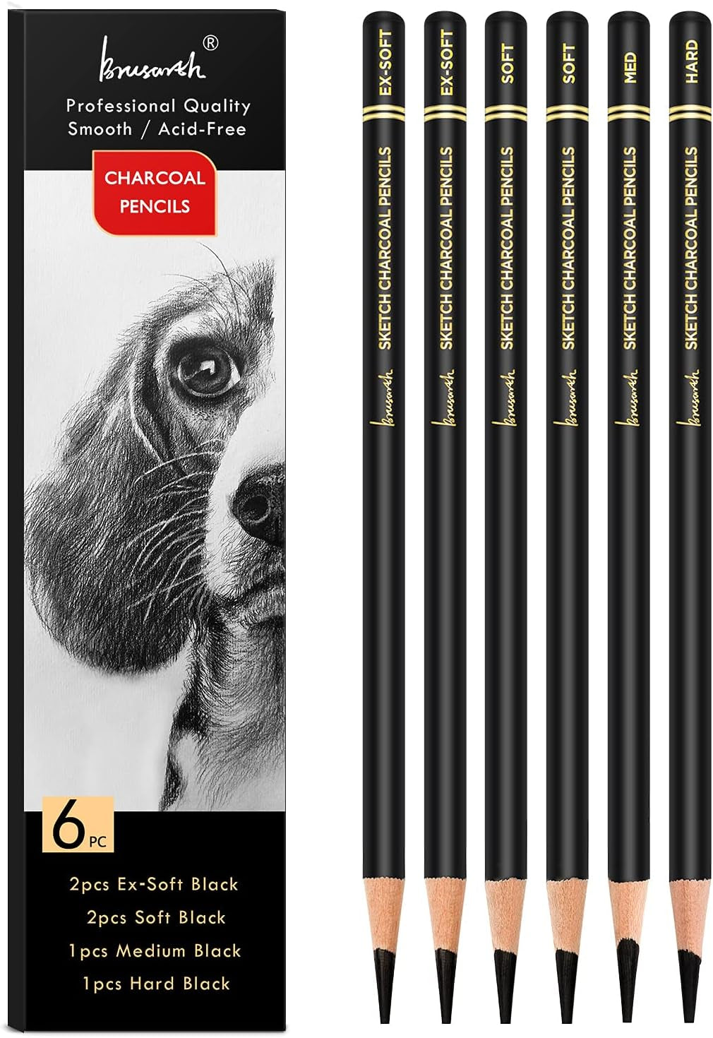 Professional Charcoal Pencils Drawing Set - 6 Pieces Soft Medium and Hard Charcoal Pencils for Drawing, Sketching, Shading