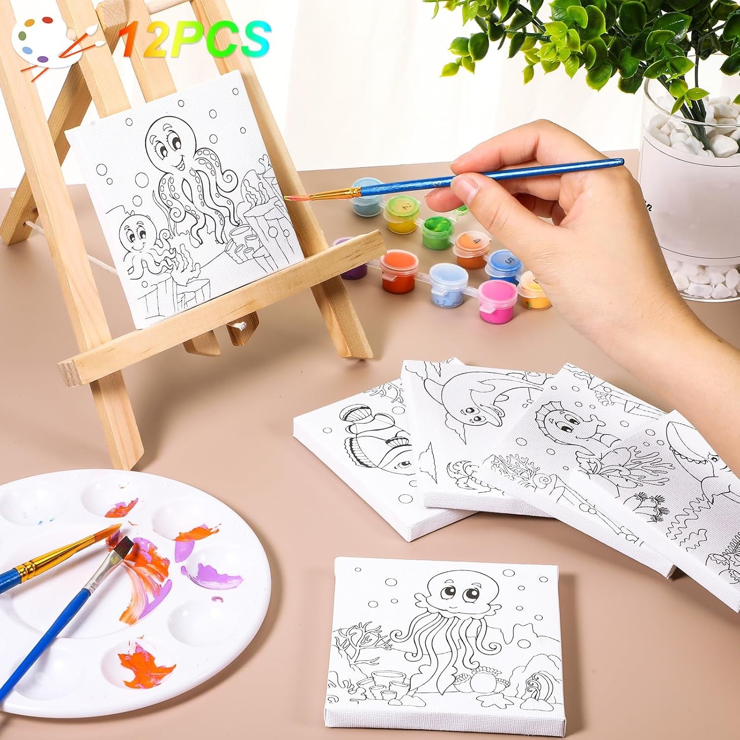 Meanpla 12 Pcs Back to School Pre Drawn Outline Canvas 4'' X 4'' Pre Drawn Stretched Canvas Painting Boards for Painting Art Party Favor for Student Kids First Day of School (Marine Animal Style)