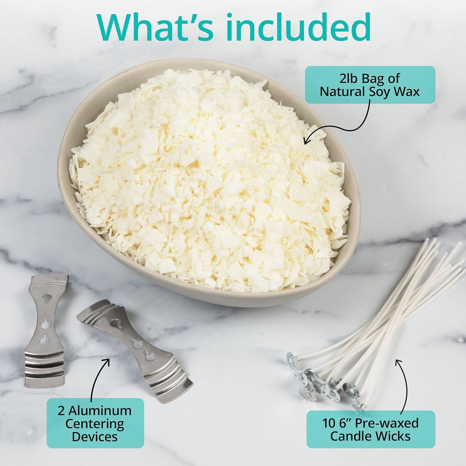 Natural Soy Wax for Candle Making - 2 Lbs Natural Soy Wax - 10 6-Inch Pre-Waxed Candle Wicks, 2 Metal Centering Devices, 2 Lbs Soy Wax Flakes - Candle Wax & Candle Making Wax Supplies
