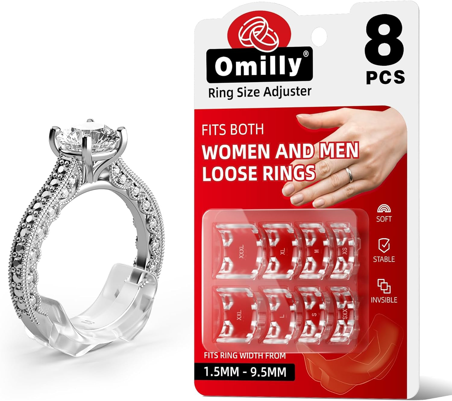 Ring Sizers for Loose Rings,8 Pack 8 Sizes Ring Guards,Silicone Ring Size Adjuster Invisible Ring Fitter for Different Band Widths for Women and Men