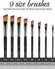 Angular Paint Brush, 9PC Oblique Tip Nylon Hair Long Handle Angled Paint Brushes Set Art Artist Professional Painting Supplies for Acrylic, Watercolor, Gouache and Oil Painting