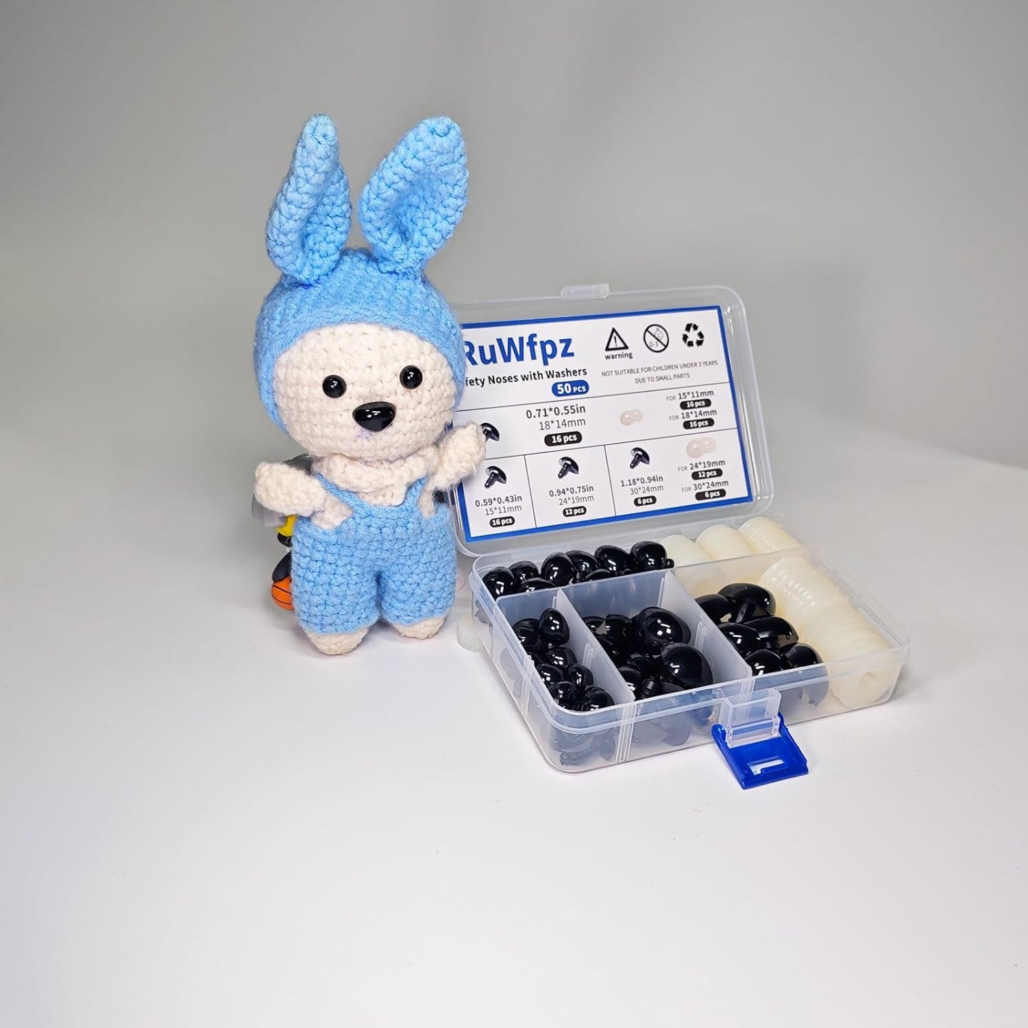 Safety Noses for Crochet Animals Amigurumi 15-30Mm - 4 Sizes Stuffed Animal Noses with Washers, 50Pcs Plastic Black Teddy Bear Nose for Crocheting Doll Crafts Plushies