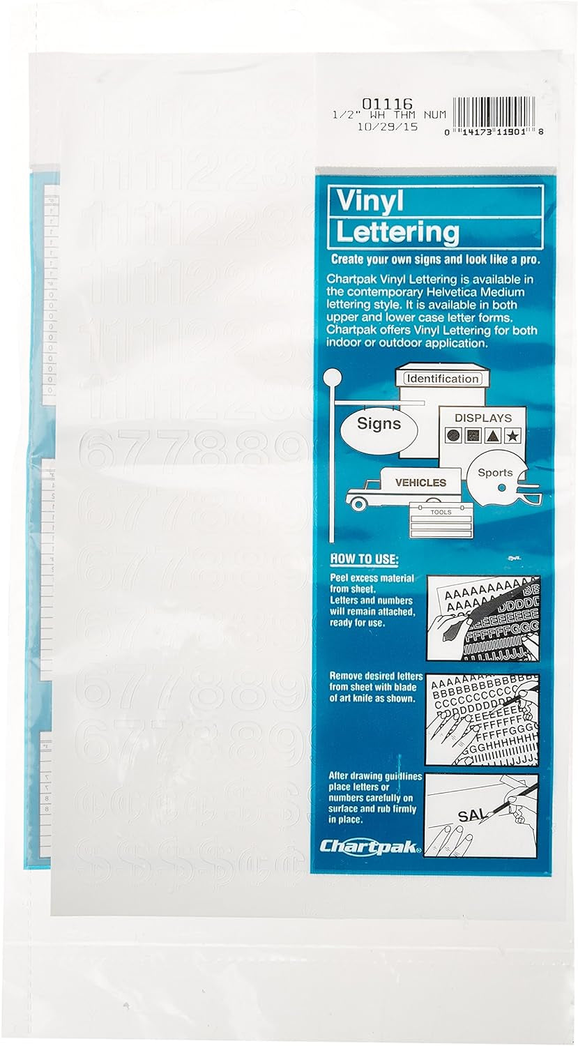Self-Adhesive Vinyl Numbers, 1/2 Inch High, White, 210 per Pack (01116)