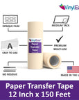 12 Inch X 150 Feet Roll of Paper Transfer Tape with a Medium Tack Layflat Adhesive. Works with a Variety of Vinyl. Great for Decals, Signs, Wall Words and More. V0844