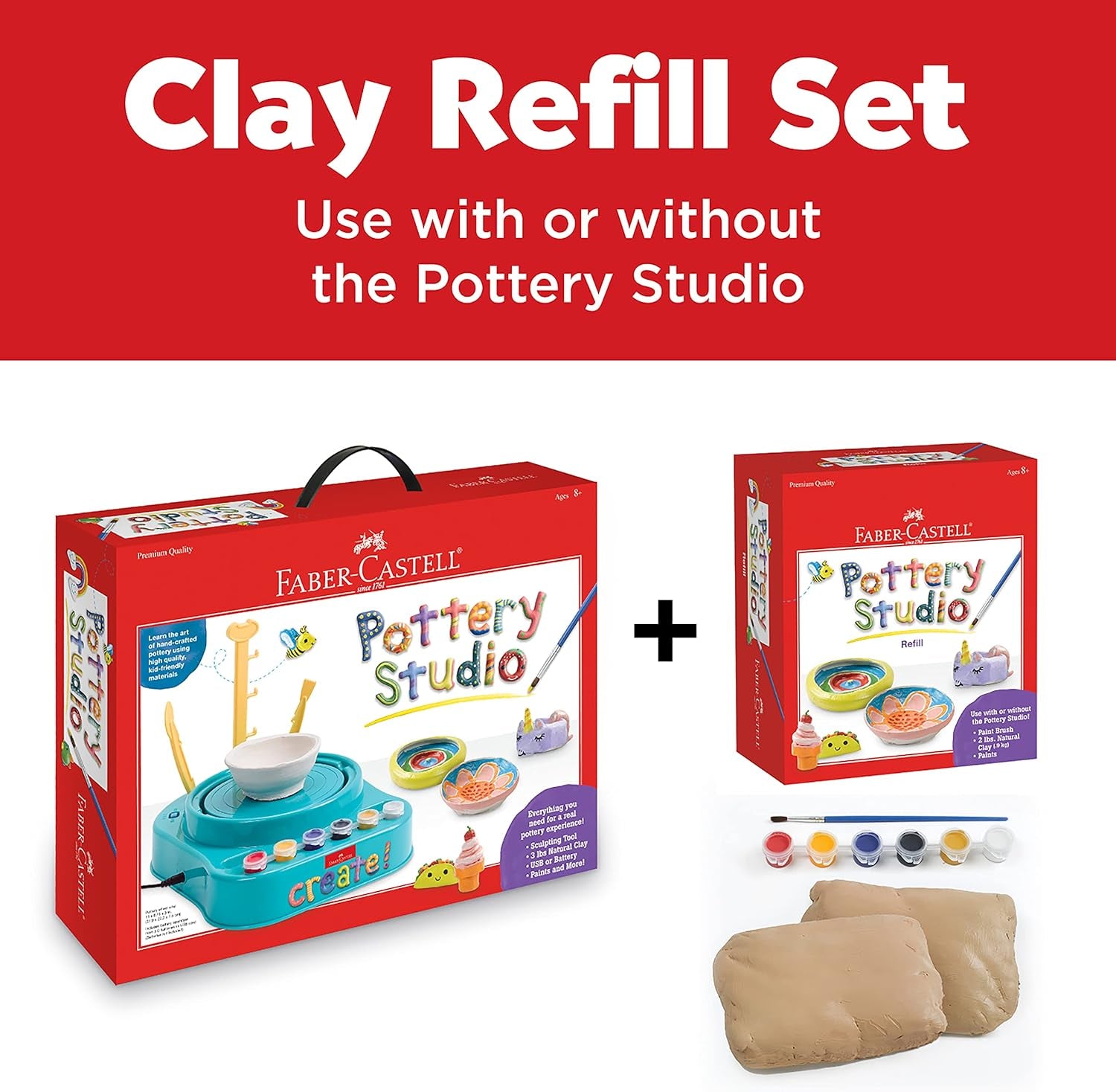 Pottery Studio Refill Kit - 2 Lbs. of Natural Air-Dry Pottery Clay, 6 Paint Pots and Paintbrush, Clay Making Kit for Kids