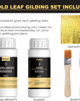 Gold Leaf Gilding Adhesive Set, 100Ml Water Based Metal Leaf Glue and 100Ml Varnish, Gold Leaf Sheets 100 Pcs, 2 Brushes, for Craft, Painting and Arts