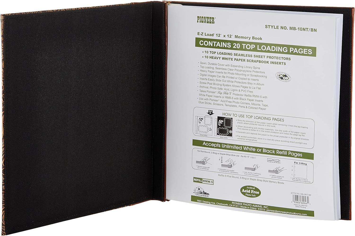 Pioneer 12 Inch by 12 Inch Postbound Embossed Sewn Leatherette Cover Memory Book, Brown