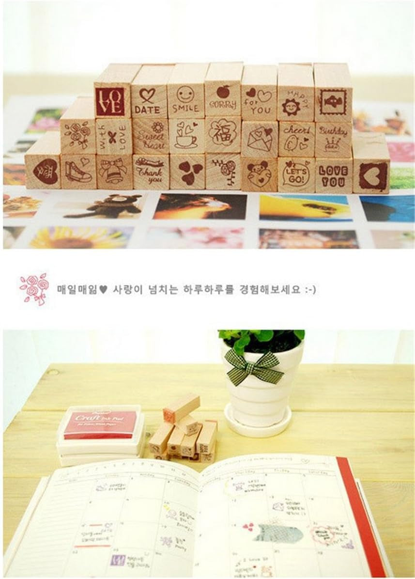 Pack of 25 Pcs Small Heart Shape Wooden Rubber Stamps with Box for DIY Craft Card and Photo Album (Red)