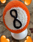 🔥 8-Ball Crochet Beanie – Handmade Orange & White Hat with Black 8-Ball Design 🎱