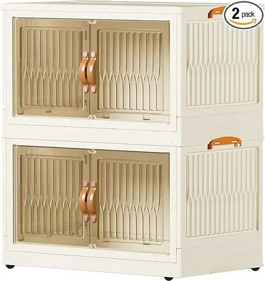 pupustar Storage Bins with Lids and Doors, Plastic Stackable Storage Bins Open Front, Foldable Storage Boxes for Organizing, Col