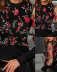 Women Patchwork Mesh Embroidered Floral Long Sleeve Blouse Tops Ladies Slim Crew Neck Pullover Shirt Summer Spring Blusas