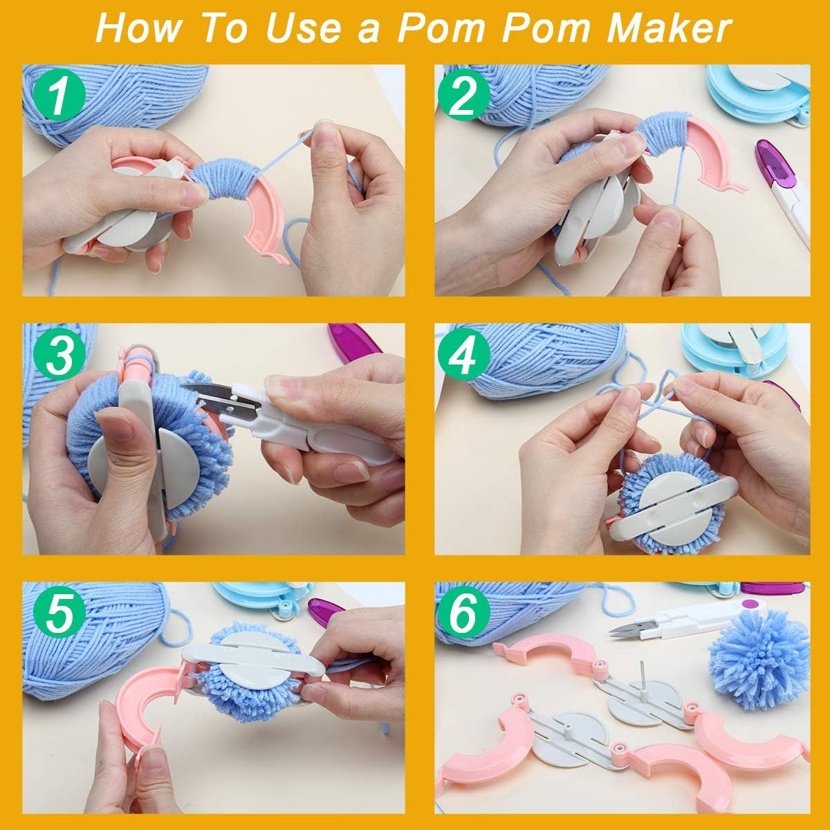 Pompom Makers 4 Size Pom Poms Maker Tool Set DIY Fluff Ball Weaver for DIY Wool Yarn Knitting Craft Project with Cutter Scissors