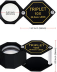 10X Magnifier Jewelry Loupe 20.5Mm Triplet Lens Optical Glass Pocket Gem Magnifying Tool for Jeweler, Stamp Philatelist, Coin Numismatic, Achromatic Black Hexagonal Design Kit Set