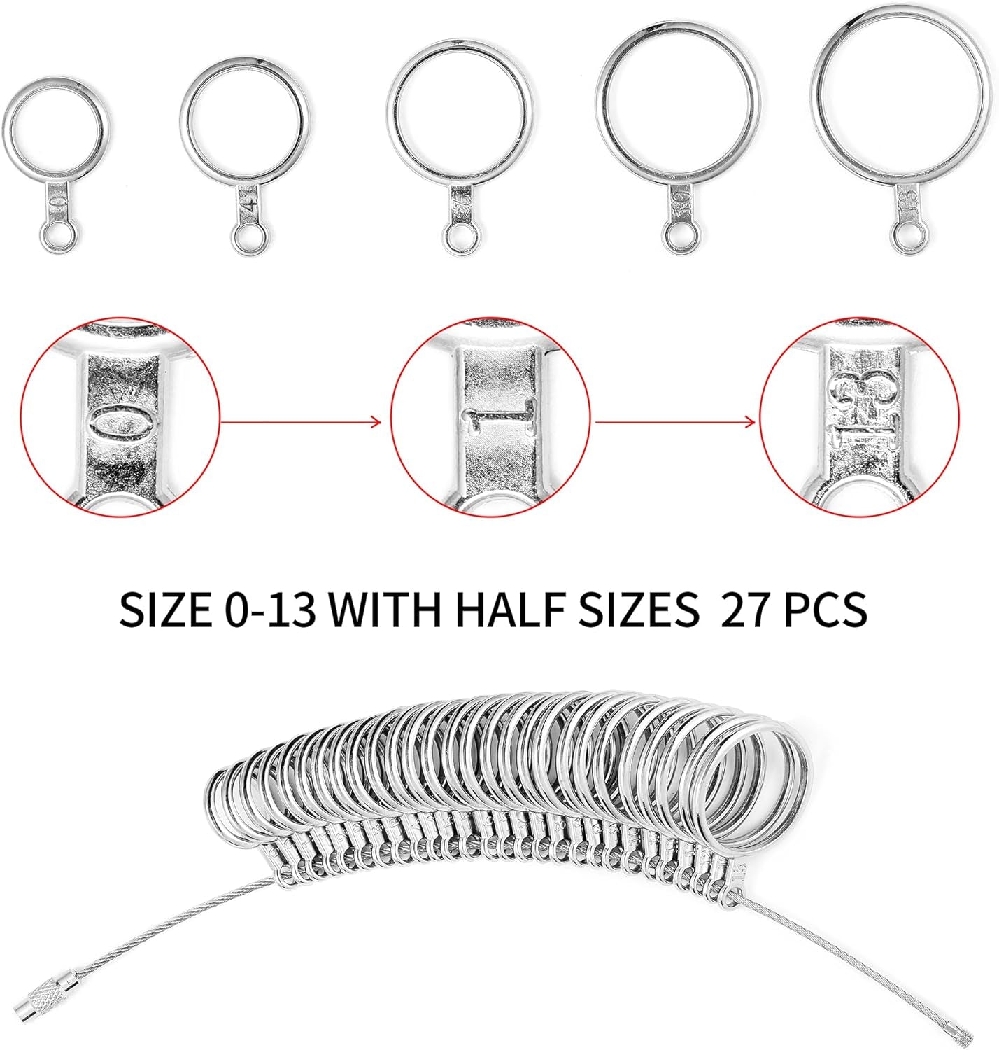 Ring Sizer Measuring Tool Kit, 27 PCS Stainless Steel Measuring Ring Tool, US Ring Size 0-13 with Half Size, 2 PCS Reusable Finger Size Tape with Magnified Glass 1-17 USA Rings Size