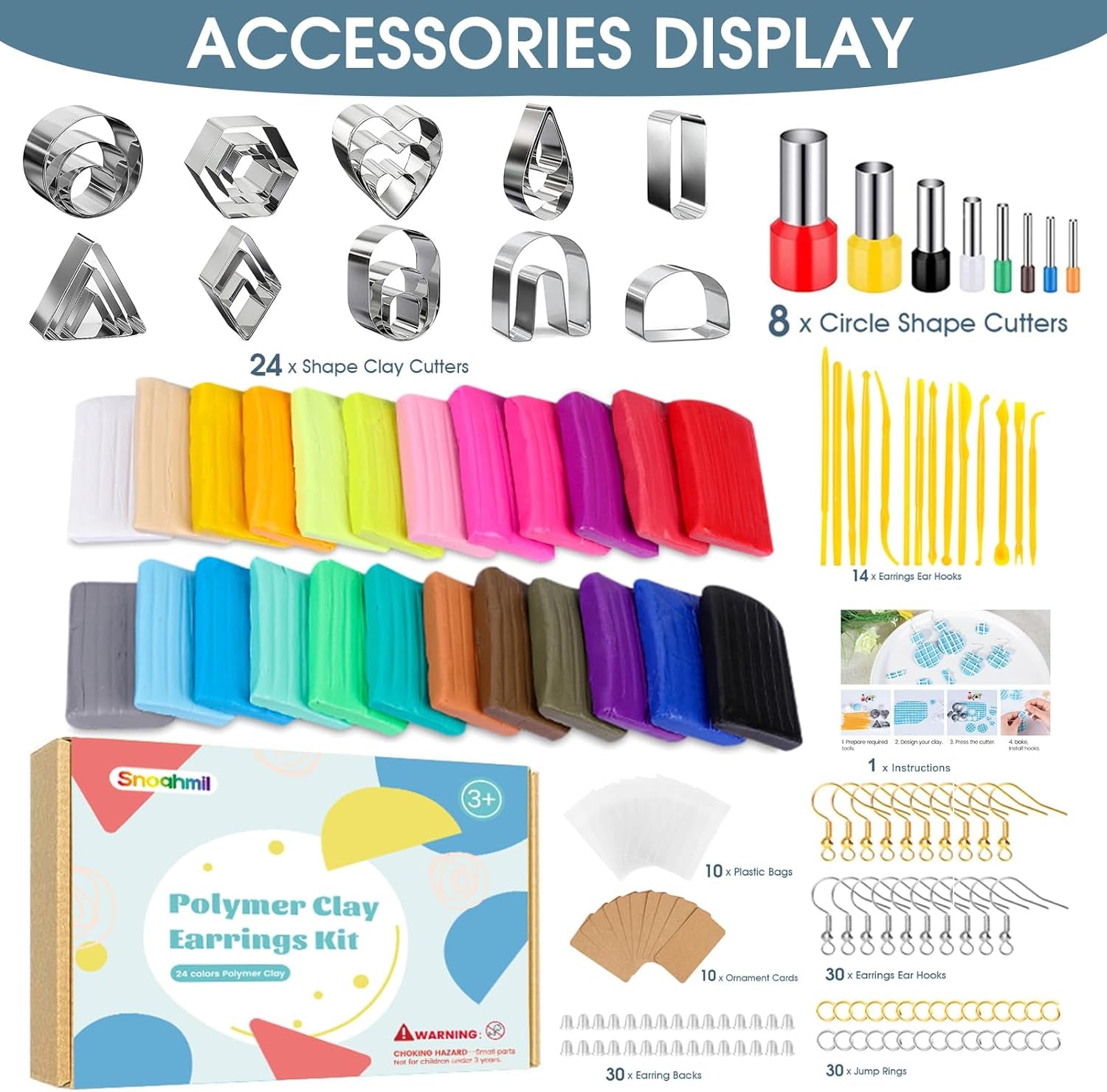 Polymer Clay Earrings Making Kit with 32Pcs Polymer Clay Cutters, 24Pcs Oven Bake Clay, 30 Set Earring Rings&Hooks, Modeling Clay Jewelry Making Kit for Teen Girls
